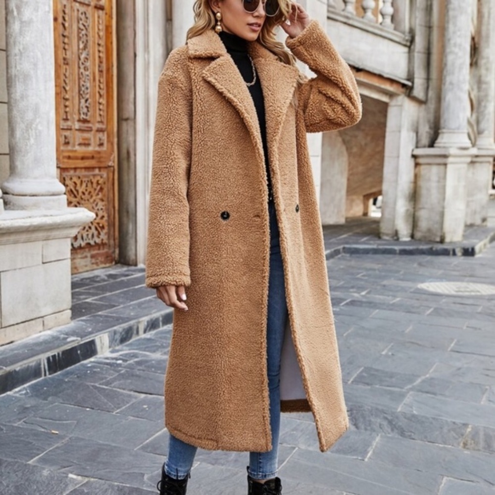 Camel wide collar teddy button trench Coat Jacket - Picture 3 of 5